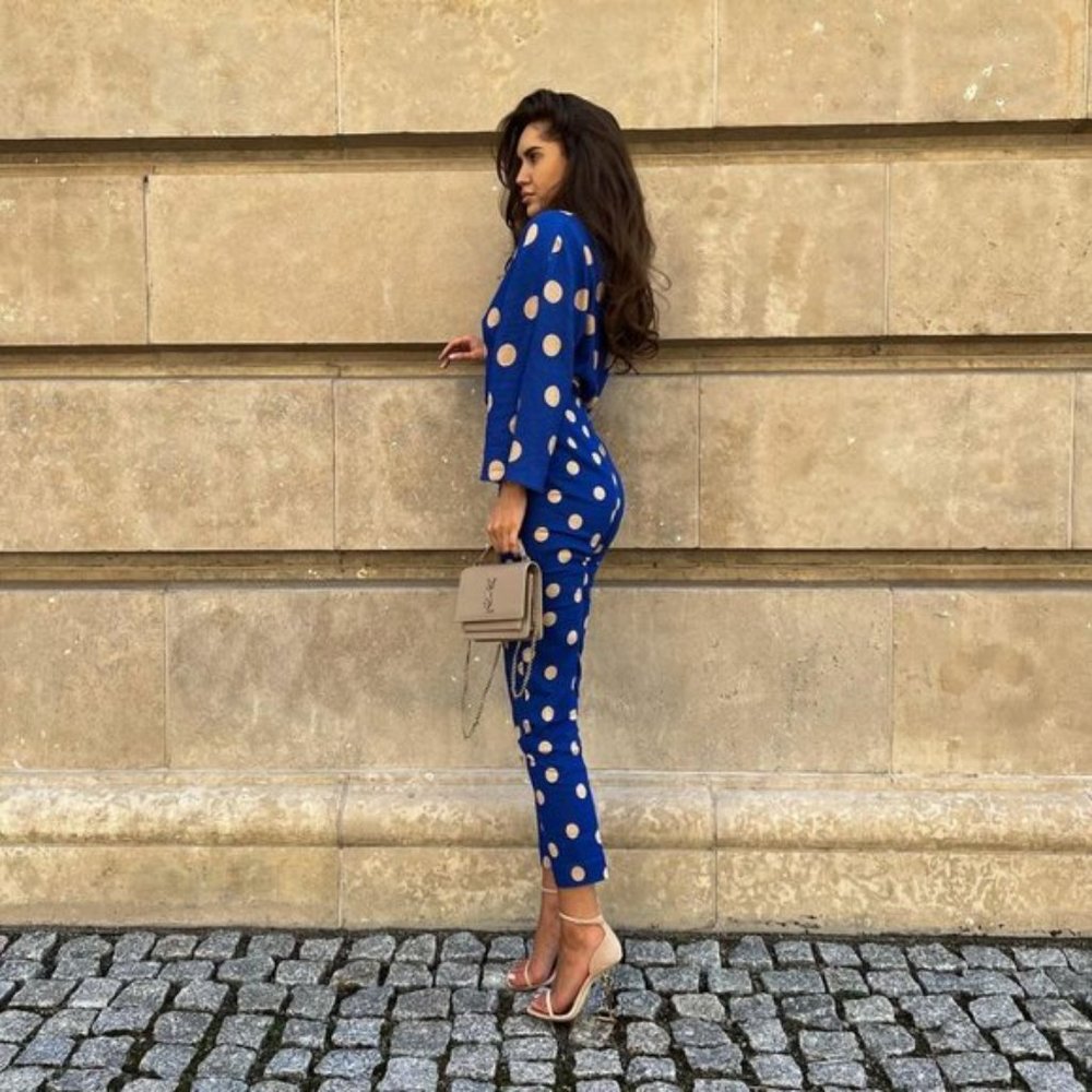 BLOGGER'S FAVE! Zara 2 Piece Pants Set And Top Blue White Polka Dot NWT - Picture 12 of 17